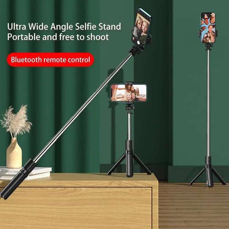 Samiyoe Bluetooth selfie stick tripod with extendable monopod and remote shutter for iPhone, Samsung, Xiaomi smartphones.