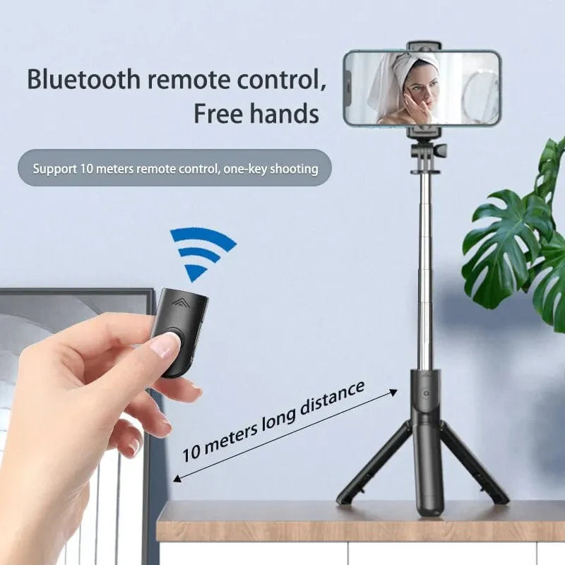 Samiyoe Bluetooth selfie stick tripod with remote, extendable monopod and phone holder for iPhone, Samsung, Xiaomi devices.