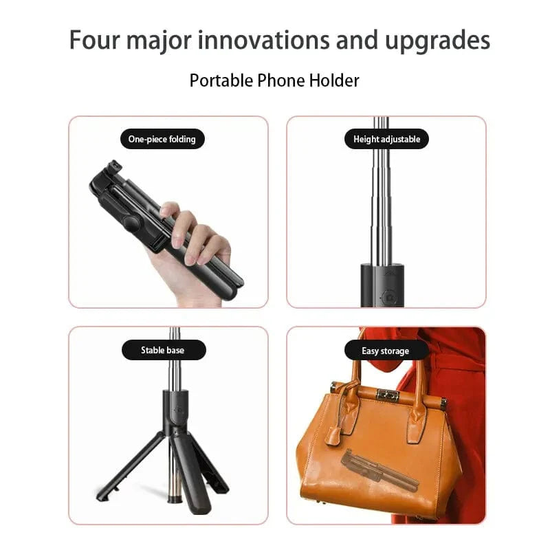 Showlu Fashion Bluetooth Selfie Stick Tripod with extendable monopod, remote shutter, compatible with iPhone, Samsung, and Xiaomi phones.
