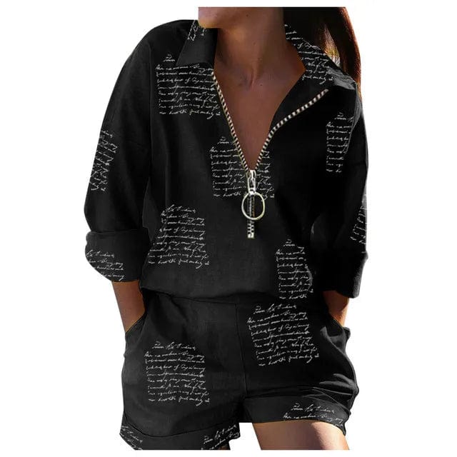 Boho Casual Loose Print Shorts Set Women Spring Summer Zipper Shirt And Shorts Two Piece Sets Office Lady Elegant Letter Suits - SHOWLU FASHION STORE