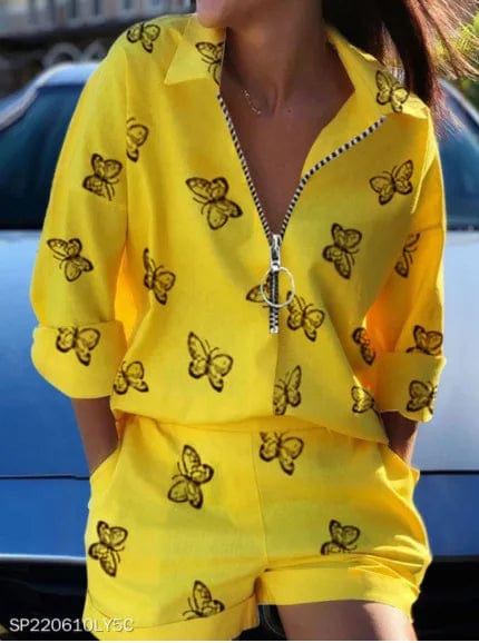 Shuangfuxiang women's boho print shorts set featuring a casual zipper shirt and matching shorts, perfect for spring and summer.