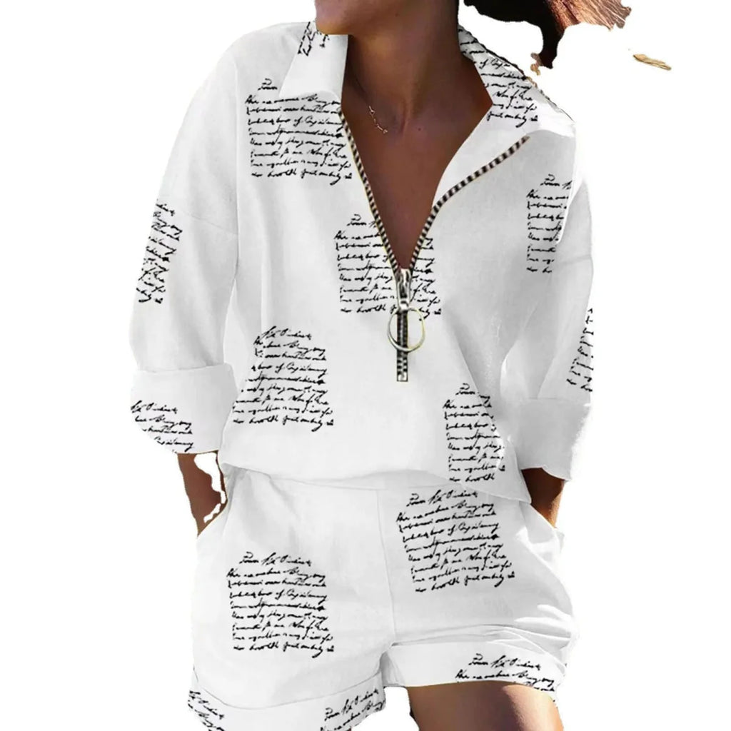 Shuangfuxiang women's boho print shorts set with casual zipper shirt and shorts, perfect for spring and summer wear.