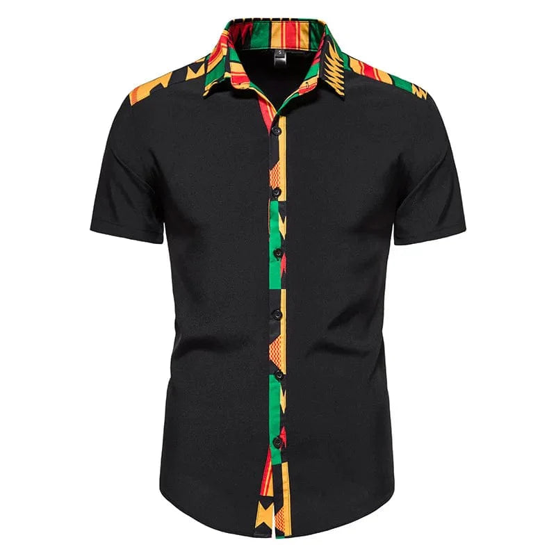 Men's Kente print short sleeve cotton button-down shirt by Showlu Fashion with bold, colorful Kente print design.