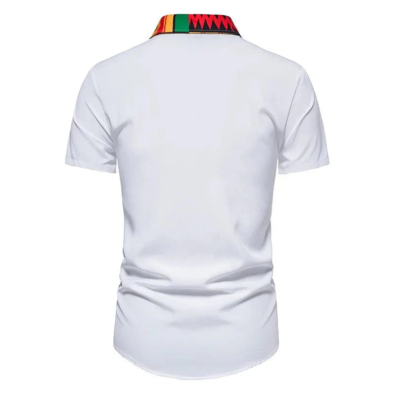 Showlu Fashion men's Kente print short sleeve cotton button-down shirt with bold, colorful Kente pattern design.