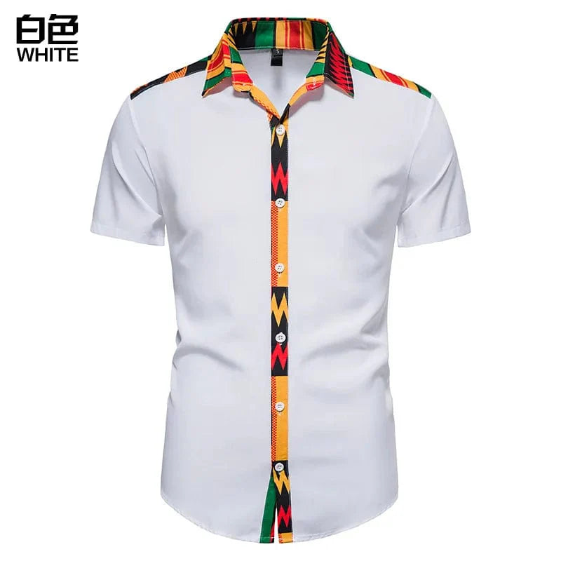 Men's Kente print short sleeve cotton button-down shirt by Showlu Fashion with bold, colorful Kente pattern and classic fit.