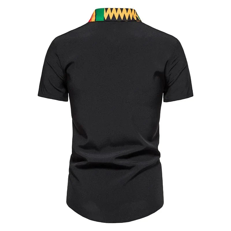 Men's Kente print short sleeve cotton button-down shirt by Showlu Fashion with bold, colorful Kente fabric pattern.