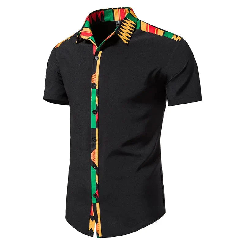 Showlu Fashion men's short sleeve cotton shirt with bold Kente print, button-down style, perfect for casual and cultural occasions.