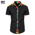 Men's Kente print short sleeve cotton button-down shirt by Showlu Fashion with bold, vibrant African-inspired Kente fabric design.