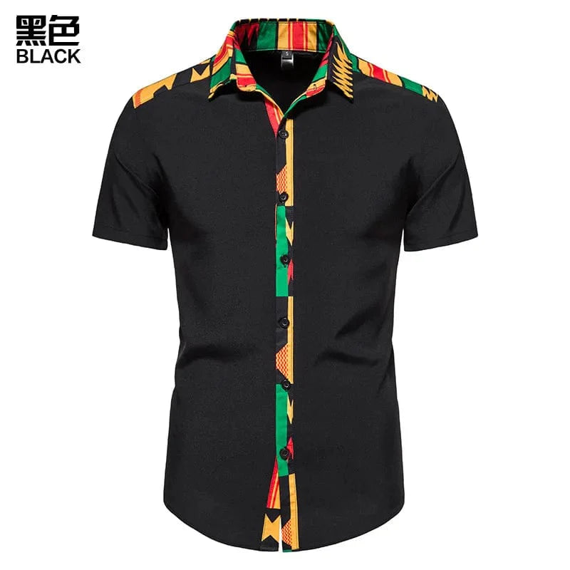Men's Kente print short sleeve cotton button-down shirt by Showlu Fashion with bold, vibrant African-inspired Kente fabric design.