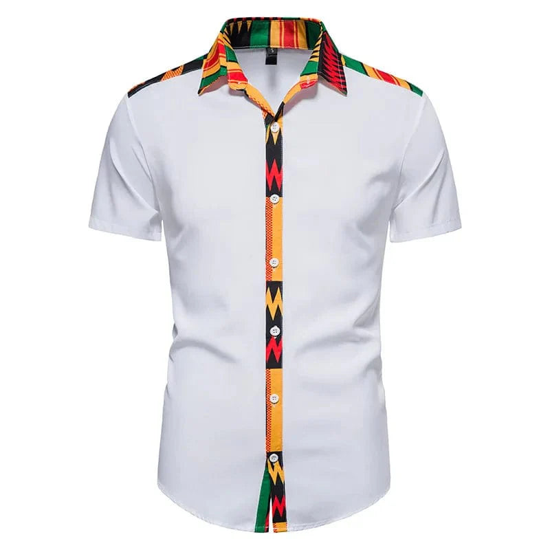 Men's Kente print short sleeve cotton button-down shirt by Showlu Fashion with bold colorful Kente pattern.