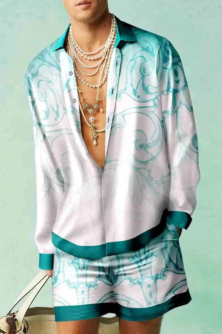 Showlu Botanical 3D print shirt with oversized beach shorts set featuring vibrant botanical patterns and casual summer style.