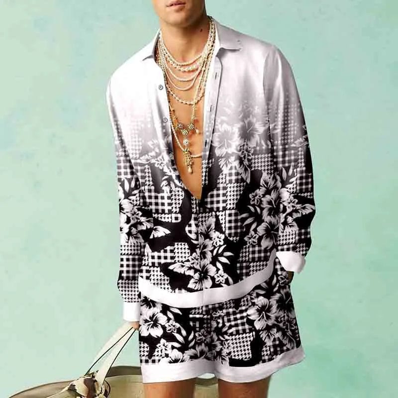 Showlu Botanical 3D print shirt with matching oversized beach shorts, featuring vibrant botanical patterns and relaxed fit.