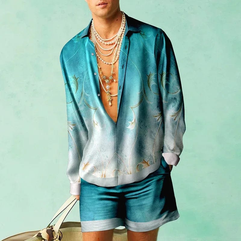Showlu Botanical 3D print shirt and oversized beach shorts set featuring vibrant botanical patterns and relaxed fit.