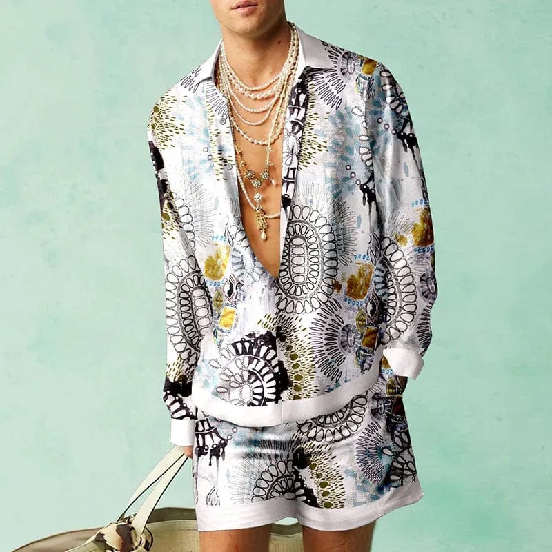 Showlu Botanical 3D print shirt and oversized beach shorts set with floral design, perfect for summer casual wear.