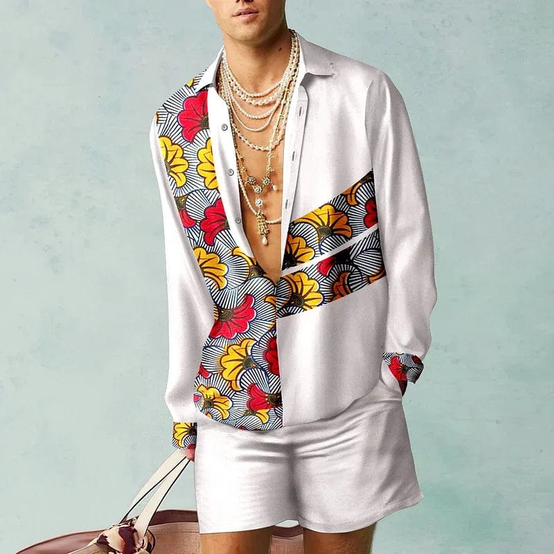 Showlu Botanical 3D print shirt and oversized beach shorts set with vibrant botanical patterns on lightweight fabric.
