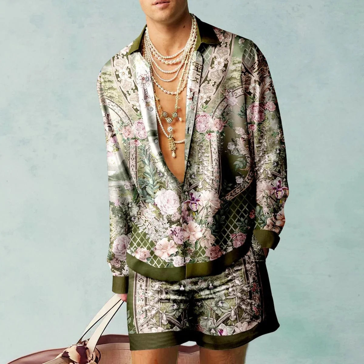 Showlu Botanical 3D print shirt and oversized beach shorts set featuring vibrant floral design and relaxed fit.