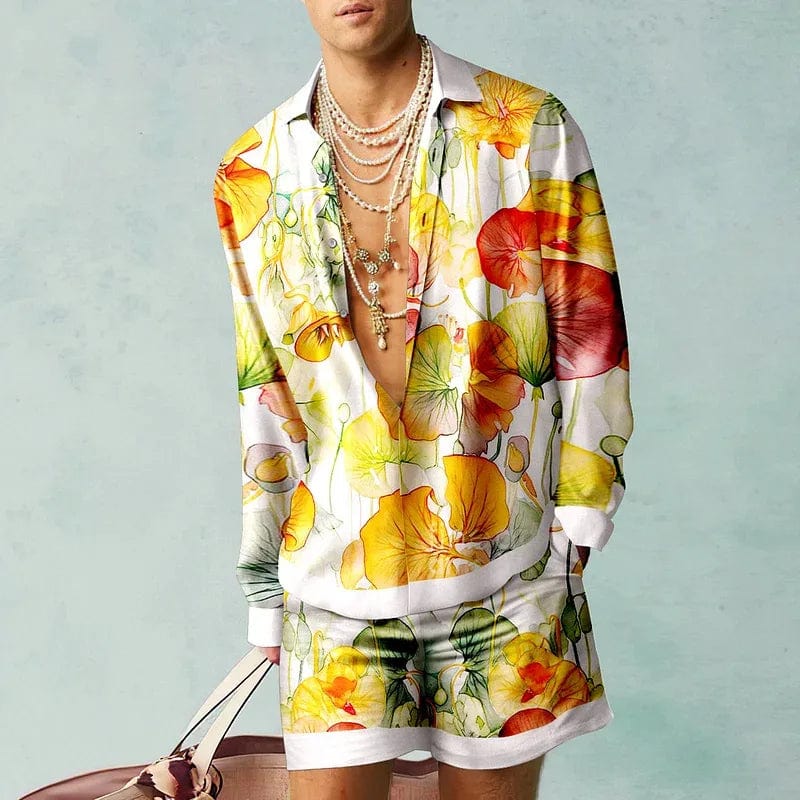 Showlu Botanical 3D print shirt with matching oversized beach shorts set, featuring vibrant botanical patterns and casual style.