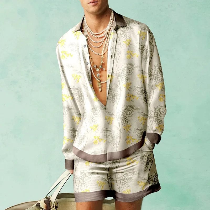 Showlu Botanical 3D print shirt and oversized beach shorts set with vibrant floral patterns and relaxed fit.