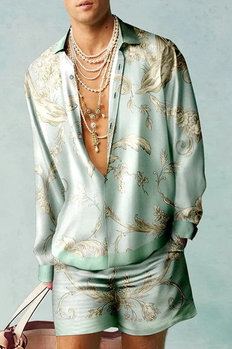 Showlu Botanical 3D print shirt and oversized beach shorts set featuring vibrant botanical patterns and relaxed fit.