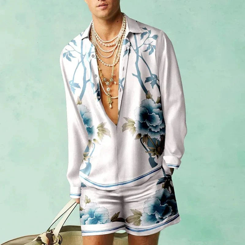 Showlu Botanical 3D print shirt and oversized beach shorts set featuring vibrant floral patterns and relaxed fit for summer wear.
