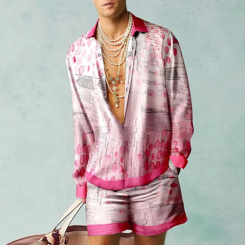 Showlu Botanical 3D print shirt and oversized beach shorts set featuring vibrant botanical patterns and comfortable casual style.