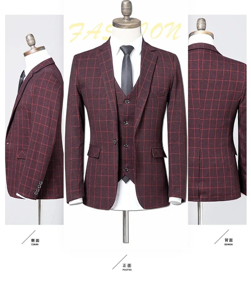 Showlu Fashion men's 3-piece plaid suit with blazer, vest, and trousers in Italian slim fit style, suitable for business or formal occasions.