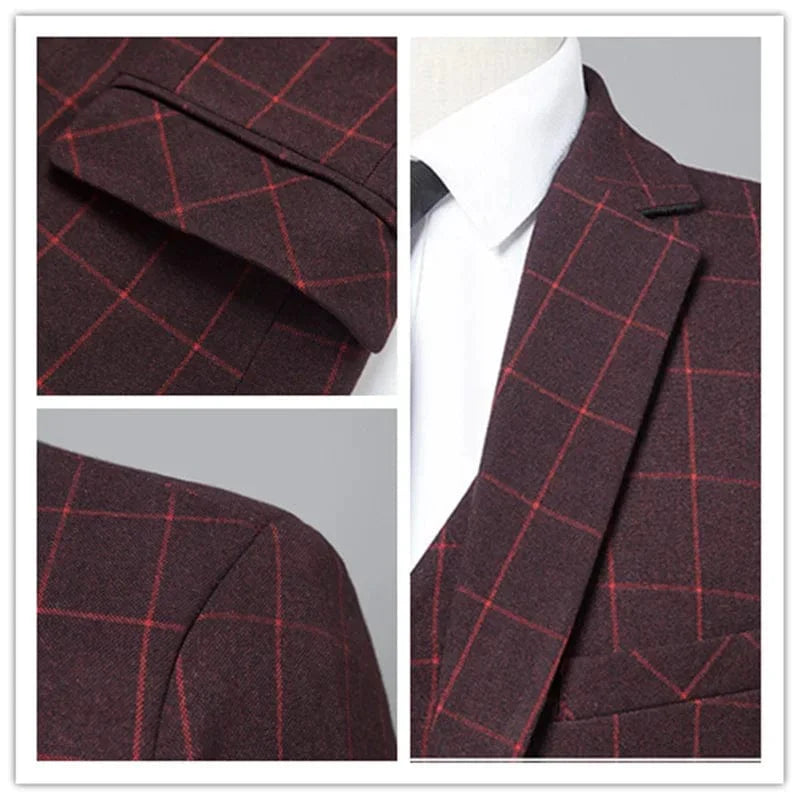 Showlu Fashion men's 3-piece plaid suit with blazer, vest, and trousers in slim fit Italian style, perfect for business or formal wear.