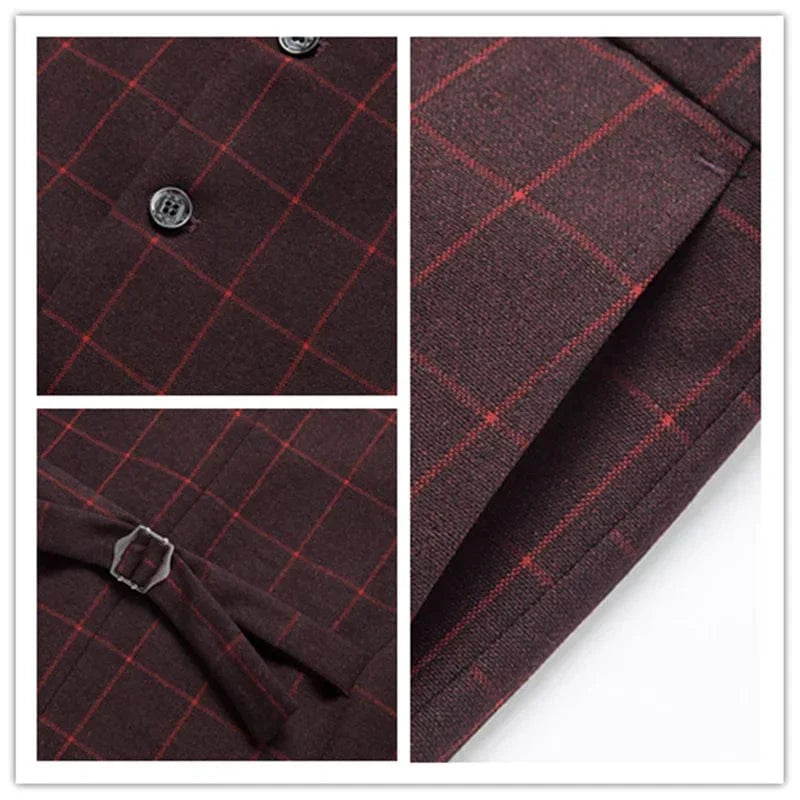 Showlu Fashion men's 3-piece plaid suit featuring blazer, vest, and trousers in slim fit Italian style, suitable for business or formal wear.