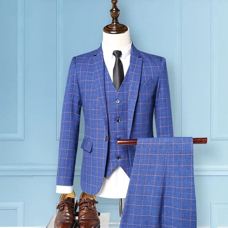 Showlu Fashion men's 3-piece plaid suit with blazer, vest, and trousers in Italian slim fit style for business or casual wear