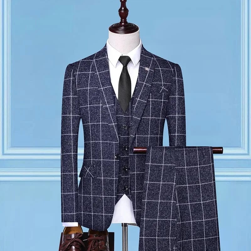 Showlu men's Italian style plaid slim fit 3-piece formal business suit with blazer, vest, and trousers, tailored for a sharp look.