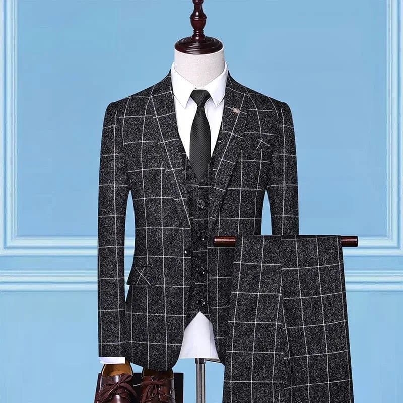 Showlu men's Italian style plaid 3-piece suit with blazer, vest, and trousers, featuring a slim fit and elegant formal design.