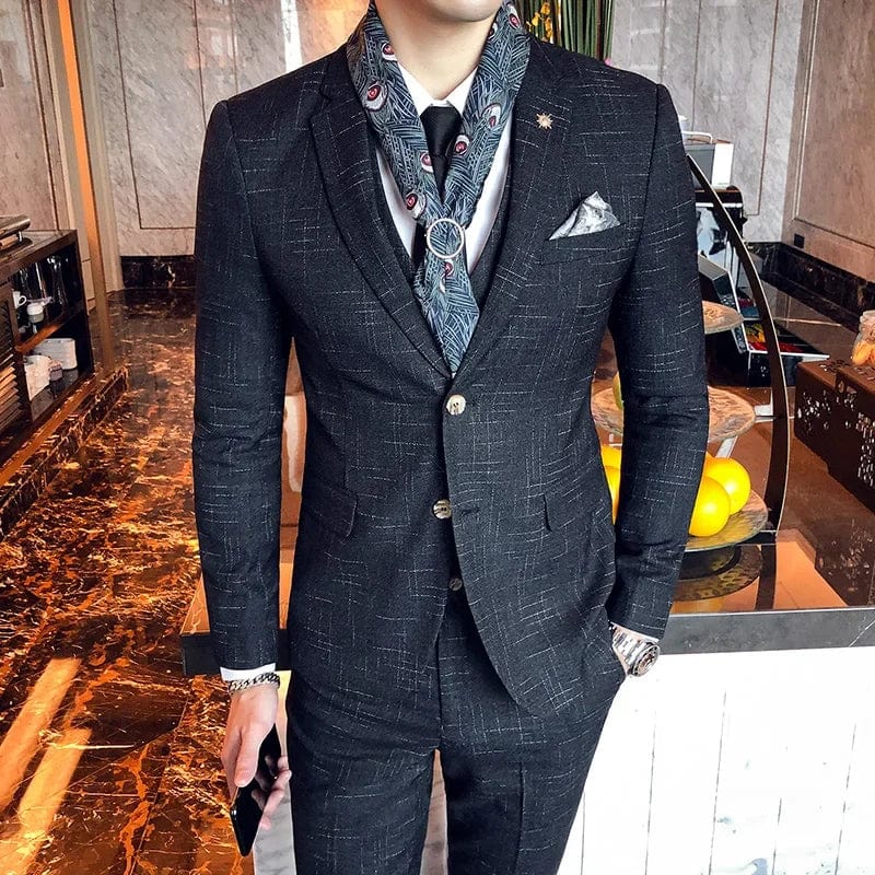 Men's Italian style 3-piece formal suit by Showlu Fashion, featuring striped blazer, vest, and trousers for elegant business wear.