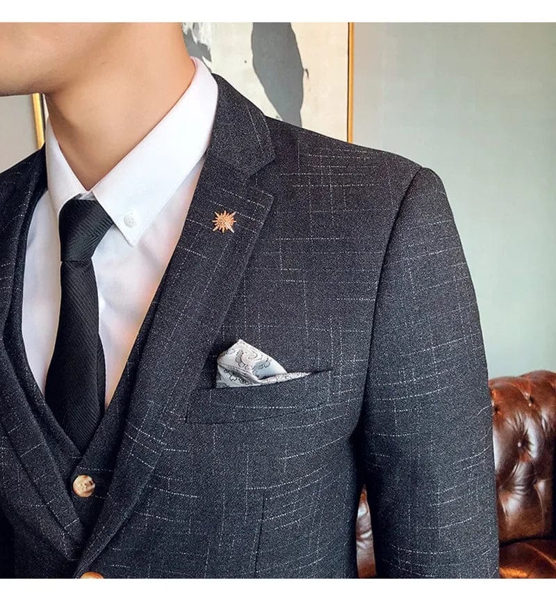 Men's Italian style striped 3-piece formal business suit with blazer, vest, and trousers, stylish and elegant for professional occasions.