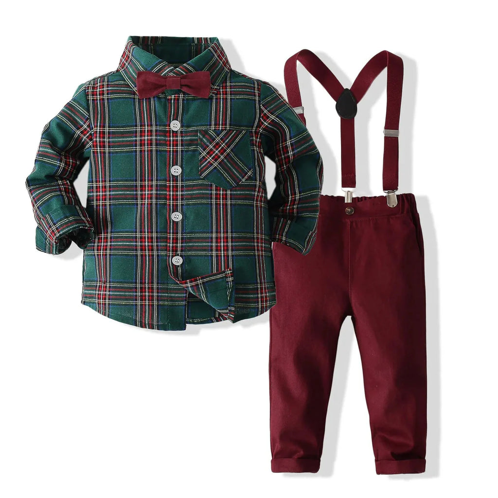 Boy's Christmas plaid dress suit by Showlu Fashion, includes formal cotton shirt, pants, and bowtie for festive occasions.