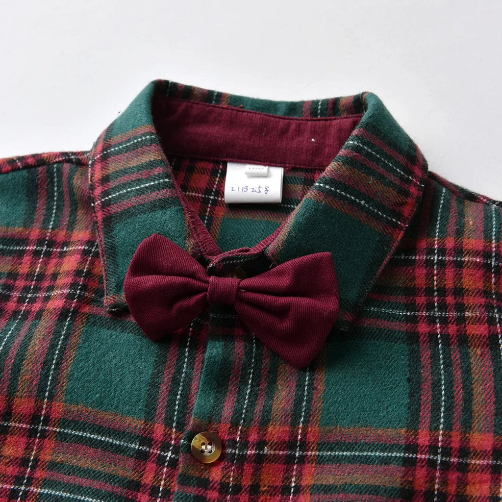 Boy's Christmas plaid dress suit by Showlu Fashion with formal cotton shirt, pants, and bowtie for festive occasions.