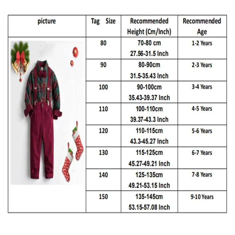 Boy wearing BOOJIAWA Christmas plaid dress suit with cotton shirt, pants, and bowtie, perfect for winter festivals and formal occasions.