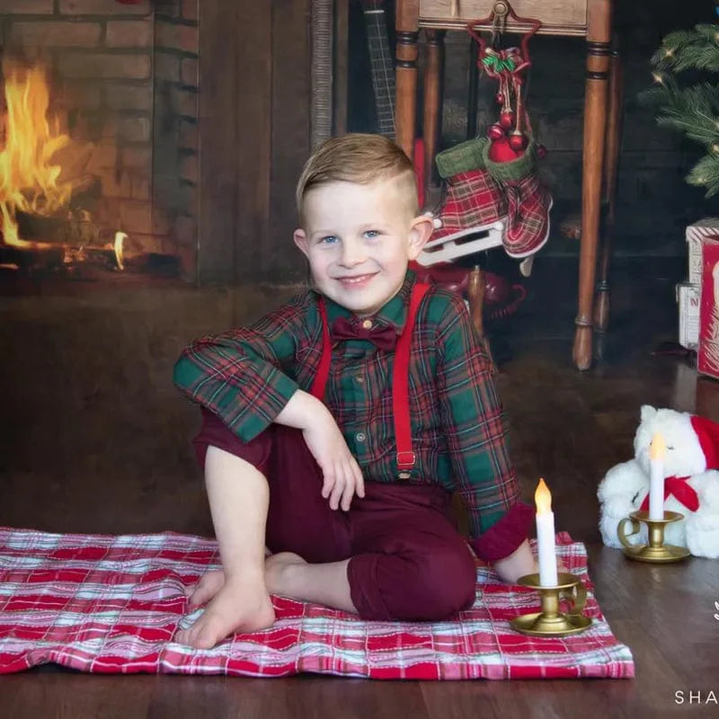 Boy's Christmas plaid dress suit by Showlu Fashion, featuring a formal cotton shirt, pants, and bowtie for festive occasions.