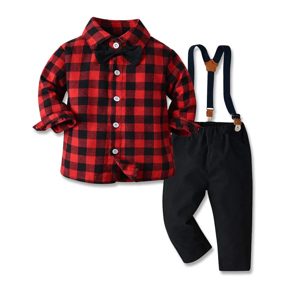 Boy's Christmas plaid dress suit with cotton shirt, pants, and bowtie, featuring a formal holiday outfit for kids.