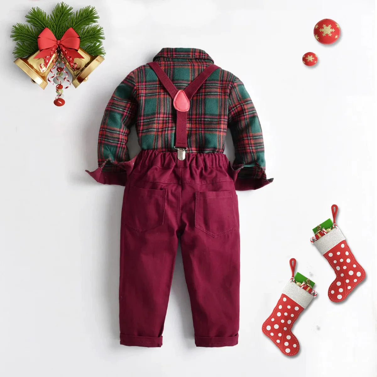 Boy's Christmas plaid dress suit with cotton shirt, pants, and bowtie in festive style, perfect for holiday formal occasions.