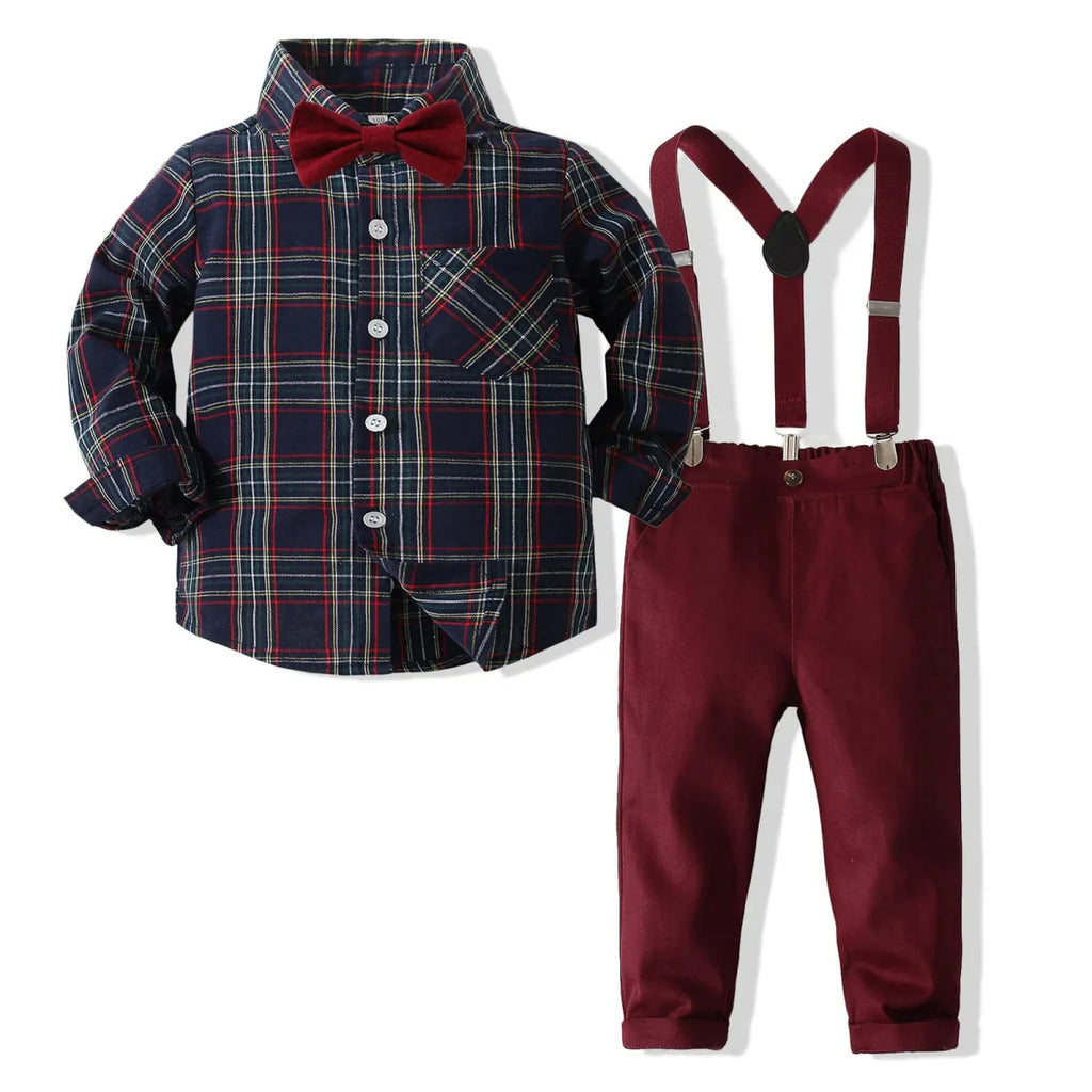 Boy wearing BOOJIAWA boys Christmas plaid dress suit with cotton shirt, pants, and bowtie, suitable for formal winter holiday celebrations.