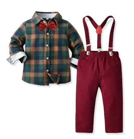 Boy's Christmas plaid dress suit by Showlu Fashion, includes cotton shirt, pants, and bowtie for festive formal wear.