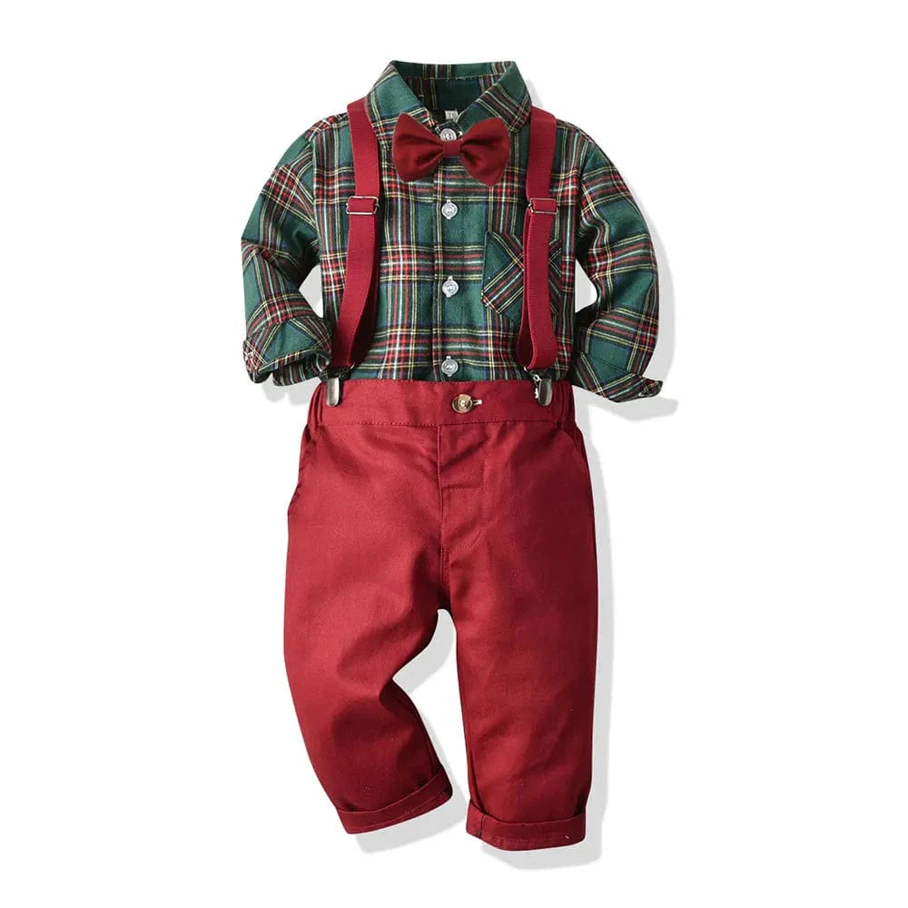 Boy wearing BOOJIAWA Boys Christmas plaid dress suit with cotton shirt, pants, and bowtie, suitable for festive winter occasions.
