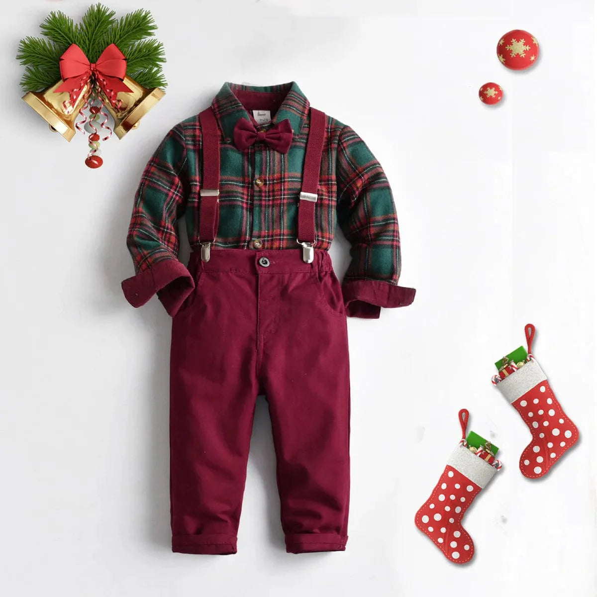 Boy wearing a BOOJIAWA Boys Christmas plaid dress suit with a cotton shirt, pants, and bowtie, perfect for winter festivals.
