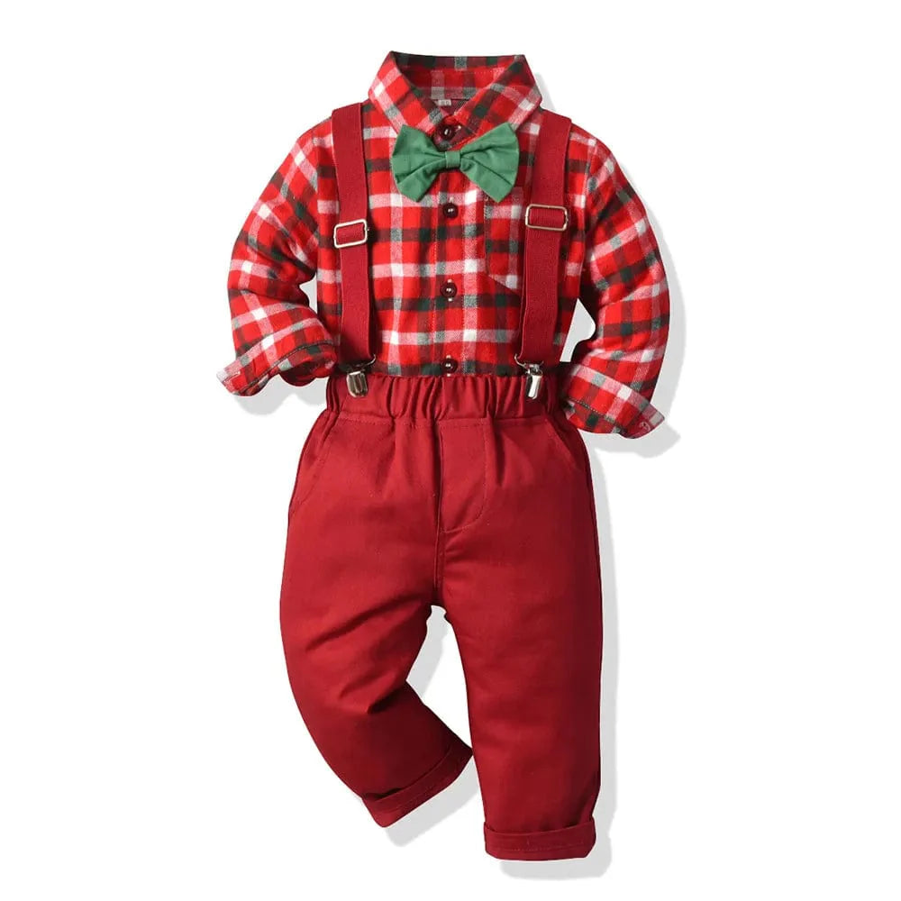 Boy's Christmas plaid dress suit by Showlu Fashion, featuring a formal cotton shirt, matching pants, and a festive bowtie.