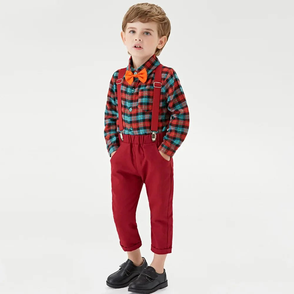 Boy's Christmas plaid dress suit by Showlu Fashion, featuring a formal cotton shirt, pants, and bowtie for festive winter occasions.