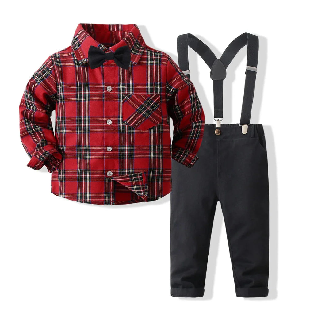 Boy's Christmas plaid dress suit with cotton shirt, pants, and bowtie, perfect for formal winter holiday events.