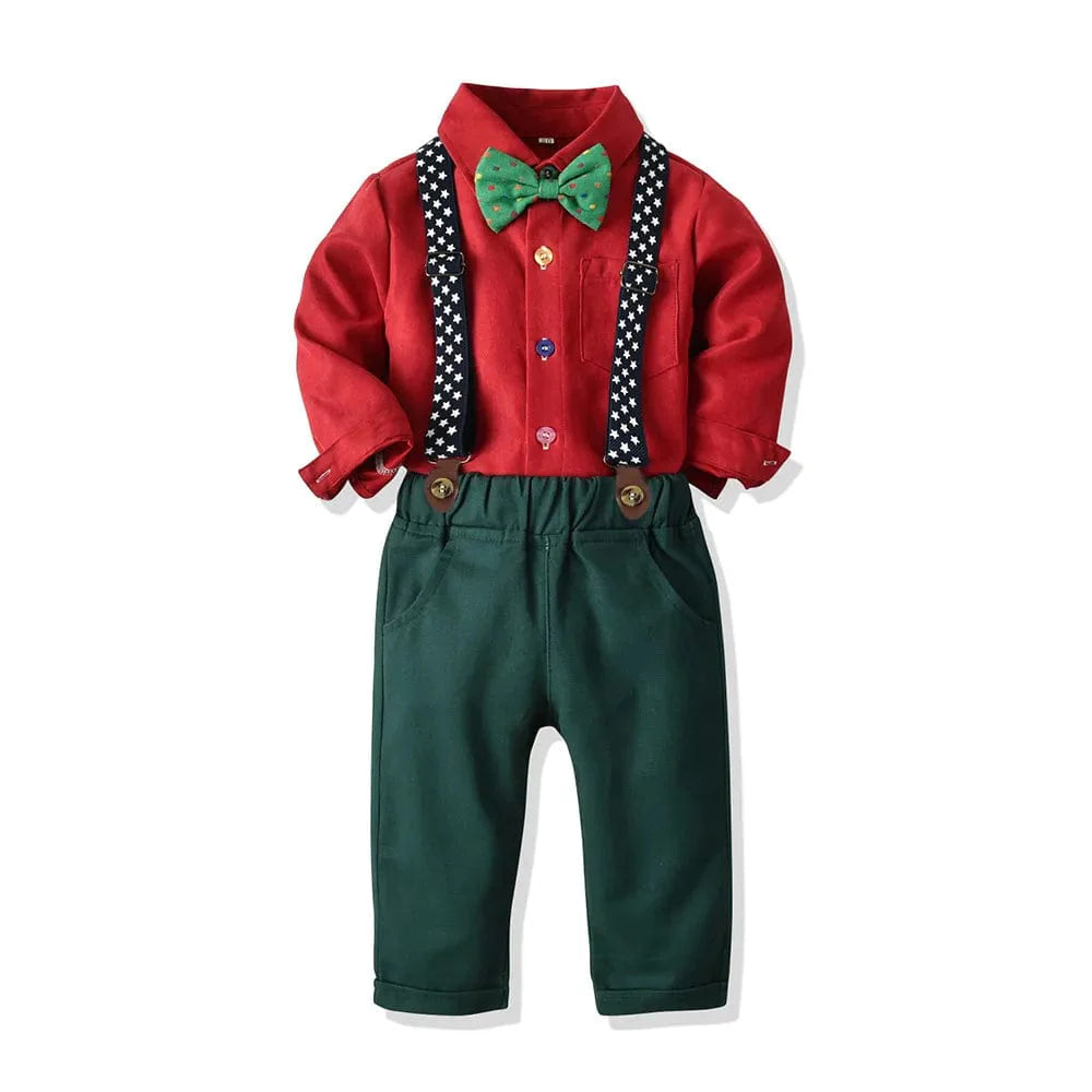 Boy's Christmas plaid dress suit with cotton shirt, pants, and bowtie, perfect for formal winter holiday celebrations.