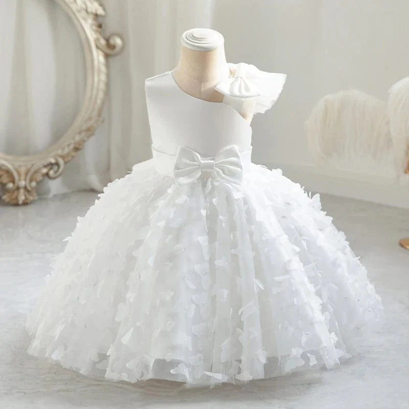Baby girl white butterfly tulle baptism and wedding gown by SHOWLU FASHION STORE, featuring a bow, floral accents, and princess-style design.