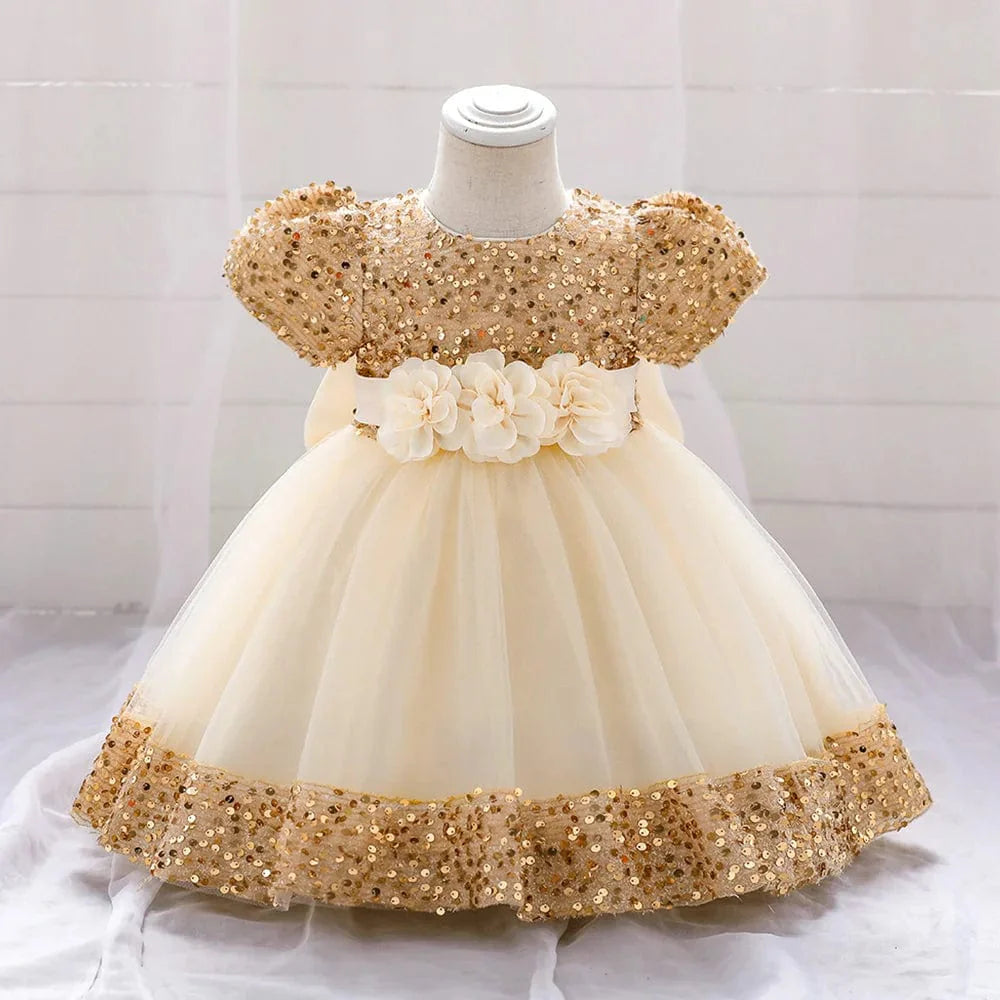 Baby girl red sequin bow dress with lace flower details, perfect for birthday parties, weddings, or special occasions.