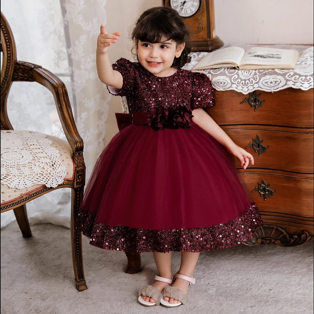 Baby girl red sequin bow dress with lace flower details, perfect for birthday parties, weddings, or special occasions.